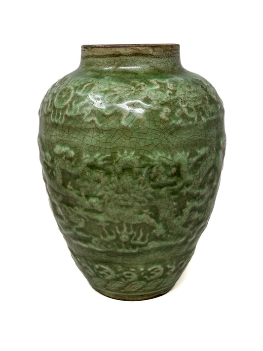 Antique Chinese Celadon Dragon Vase